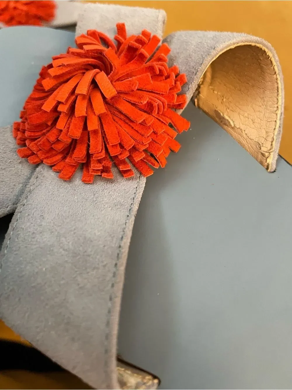 J Crew Blue Suede Ankle Tie Tassel PomPom Sandals 8.5